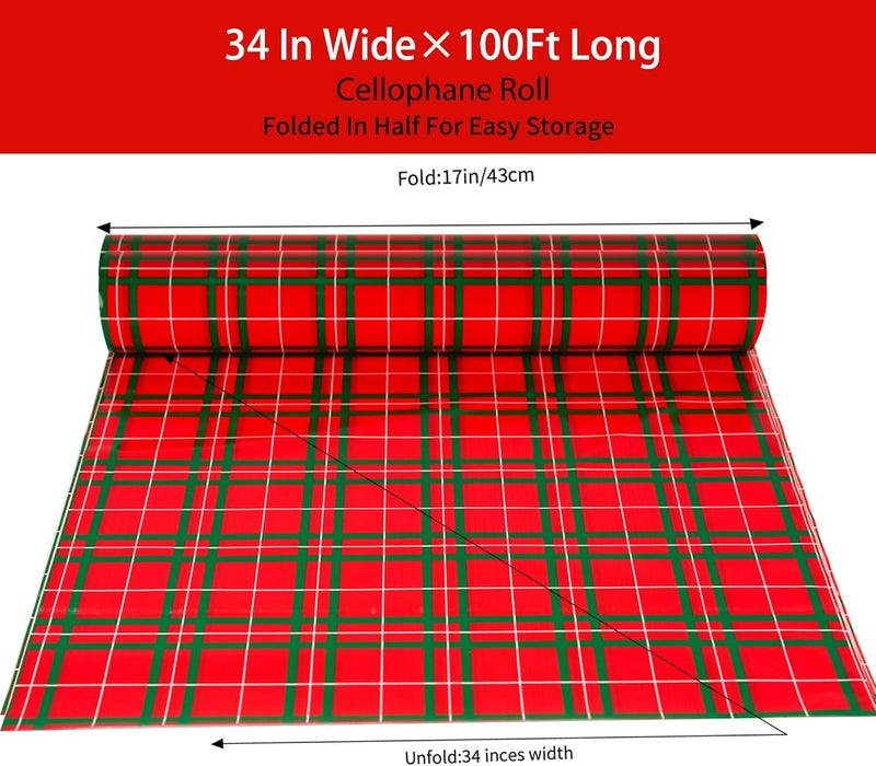 CMFYHM Christmas Cellophane Wrap Roll (34" x 100’Ft) 3 Mil Thicken Long Film Gift Wrappings for Baskets, Box,Wine, Christmas Decor(Red,Green,White) - Image 2